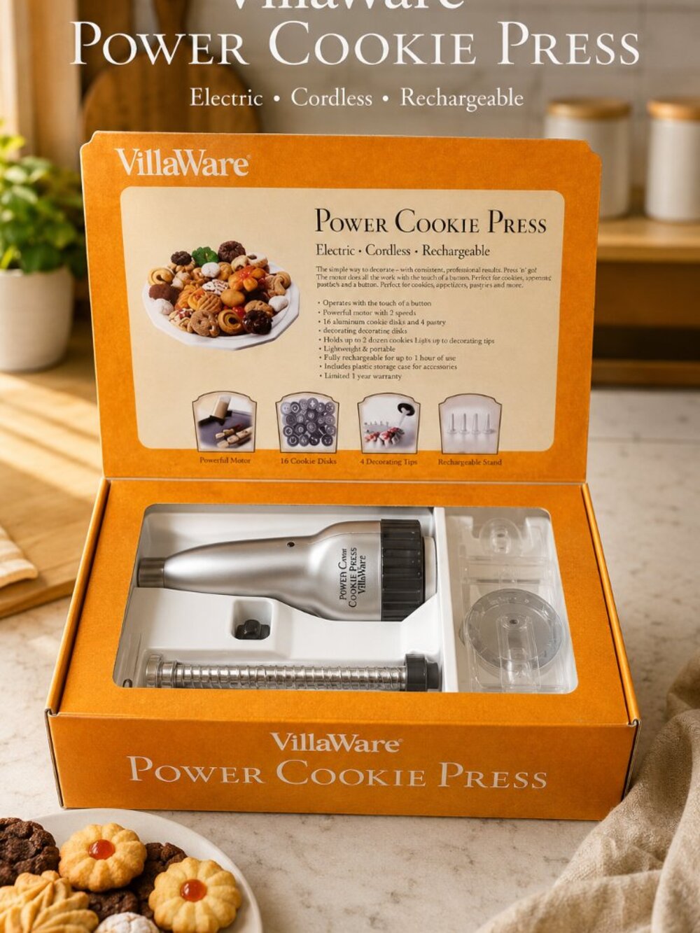 VillaWare Power Cookie Press Cordless Rechargeable Discs 4 Icing Tips Boxed